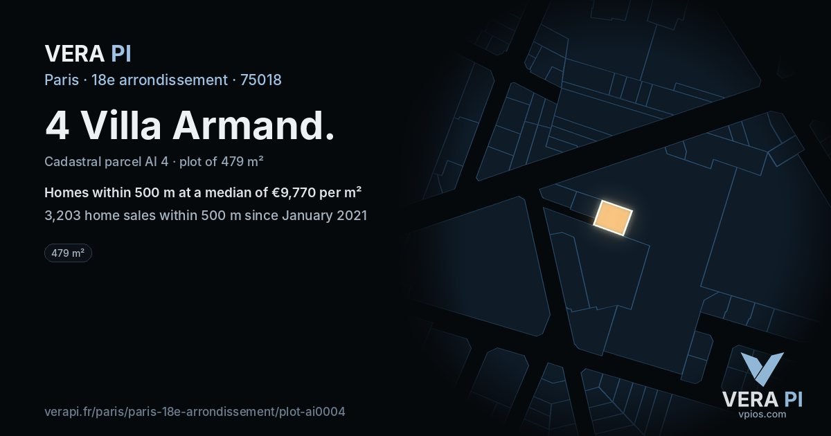 4 Villa Armand, 18e arrondissement at night – the plot lit, the parcels around coloured by the prices near them