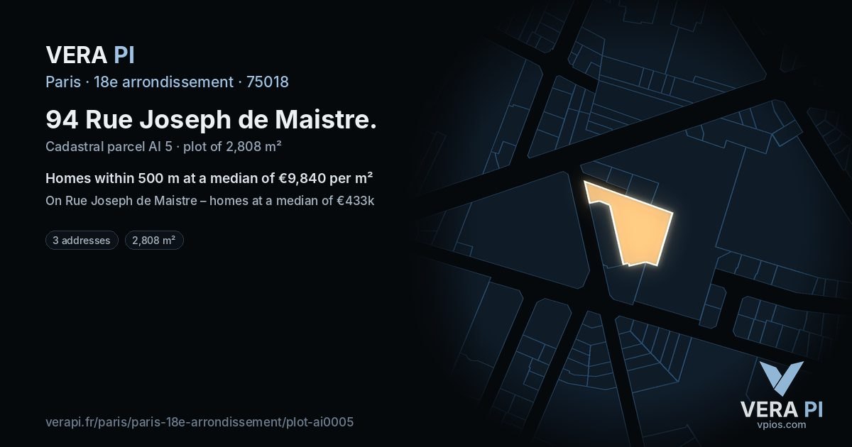 94 Rue Joseph de Maistre, 18e arrondissement at night – the plot lit, the parcels around coloured by the prices near them