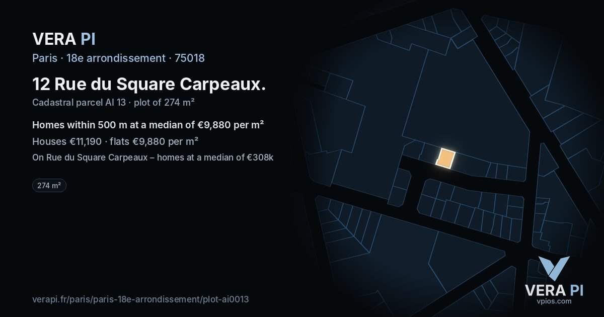 12 Rue du Square Carpeaux, 18e arrondissement at night – the plot lit, the parcels around coloured by the prices near them