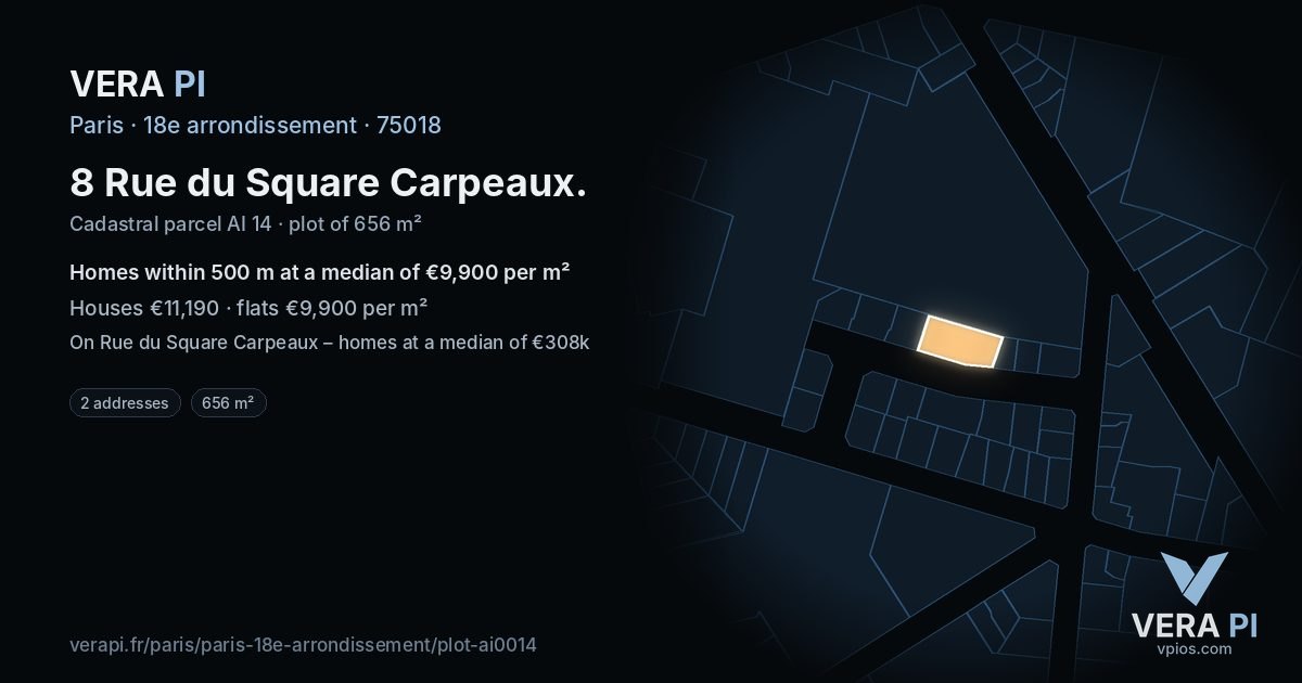8 Rue du Square Carpeaux, 18e arrondissement at night – the plot lit, the parcels around coloured by the prices near them