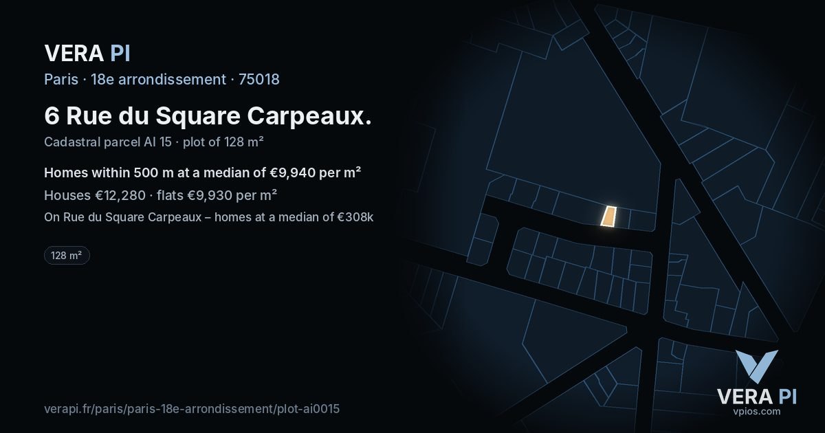 6 Rue du Square Carpeaux, 18e arrondissement at night – the plot lit, the parcels around coloured by the prices near them
