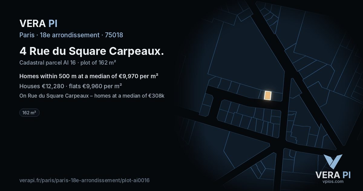 4 Rue du Square Carpeaux, 18e arrondissement at night – the plot lit, the parcels around coloured by the prices near them