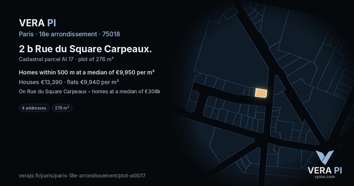 2 b Rue du Square Carpeaux, 18e arrondissement at night – the plot lit, the parcels around coloured by the prices near them