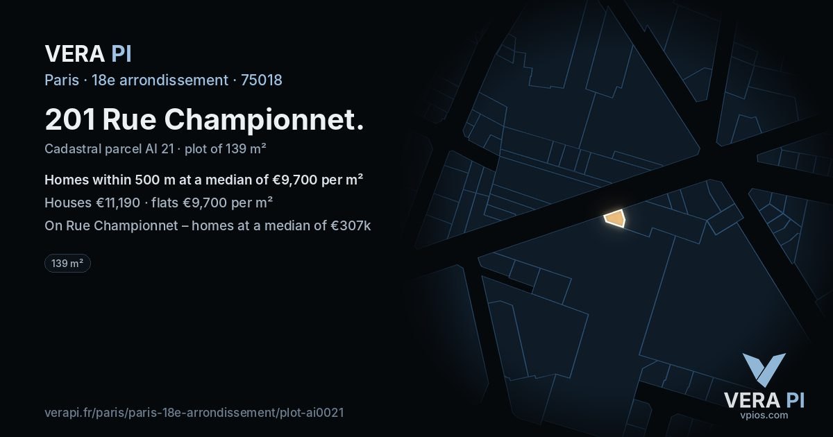 201 Rue Championnet, 18e arrondissement at night – the plot lit, the parcels around coloured by the prices near them