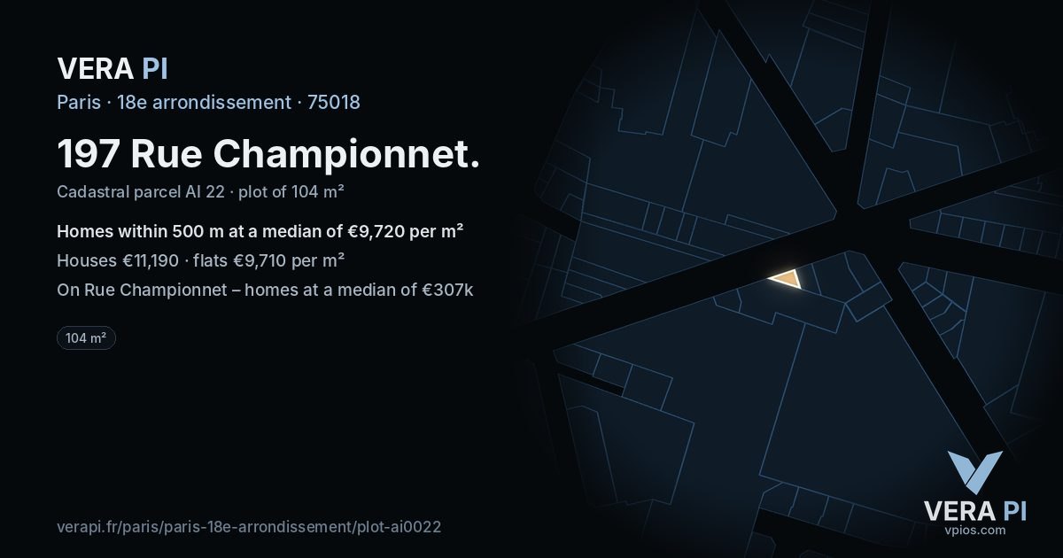 197 Rue Championnet, 18e arrondissement at night – the plot lit, the parcels around coloured by the prices near them