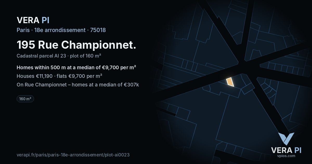 195 Rue Championnet, 18e arrondissement at night – the plot lit, the parcels around coloured by the prices near them