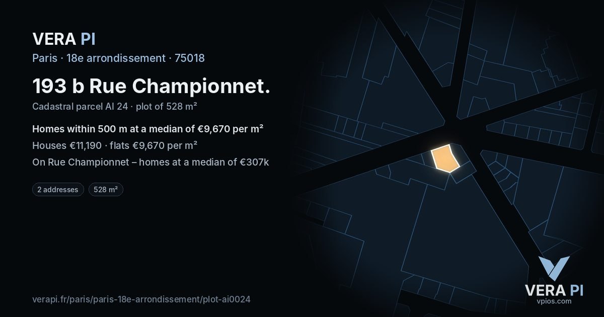 193 b Rue Championnet, 18e arrondissement at night – the plot lit, the parcels around coloured by the prices near them