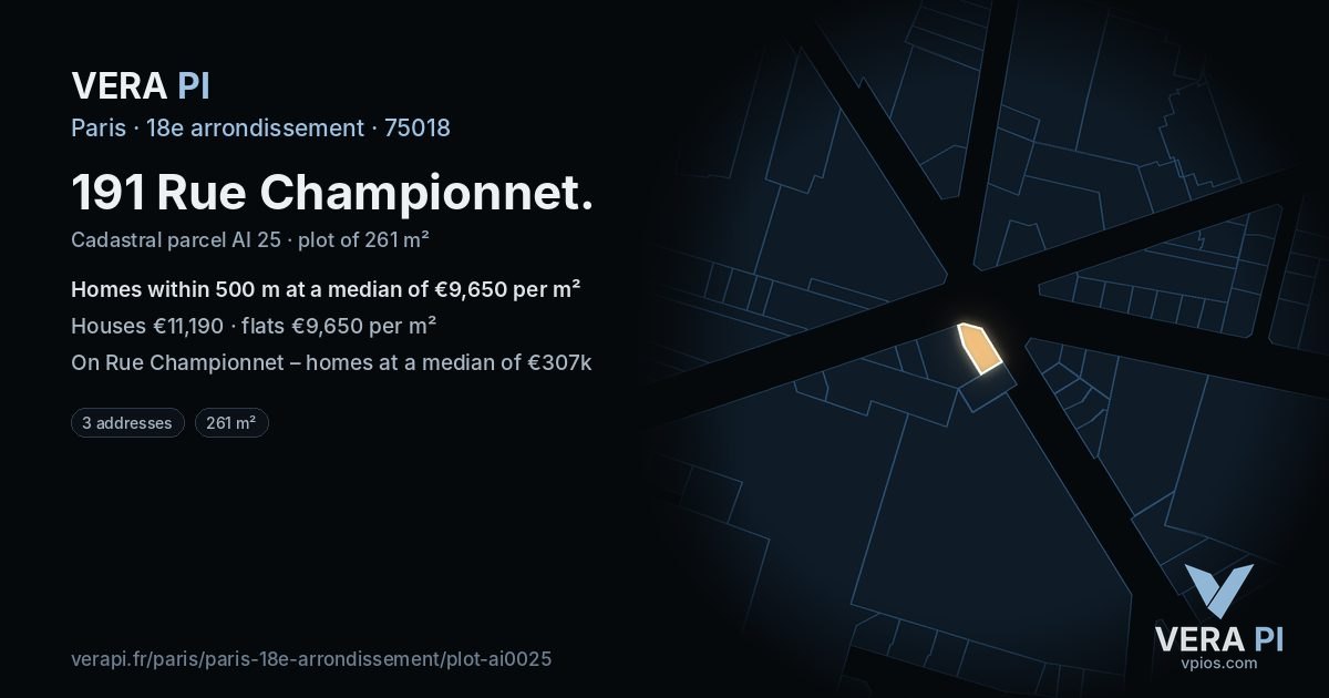 191 Rue Championnet, 18e arrondissement at night – the plot lit, the parcels around coloured by the prices near them