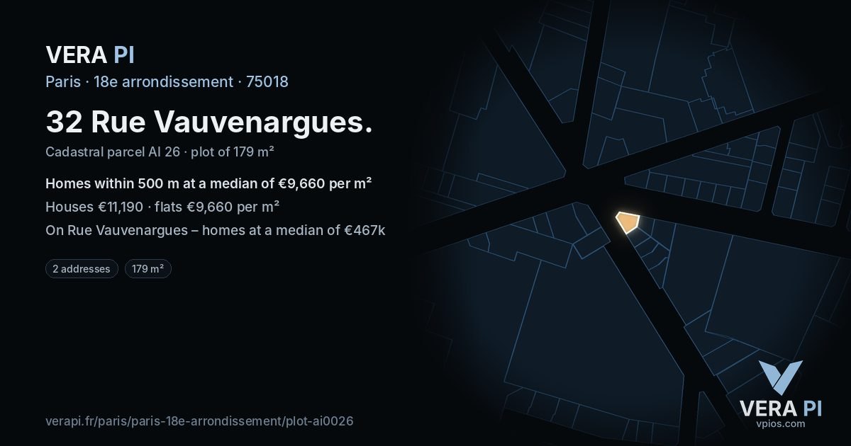 32 Rue Vauvenargues, 18e arrondissement at night – the plot lit, the parcels around coloured by the prices near them