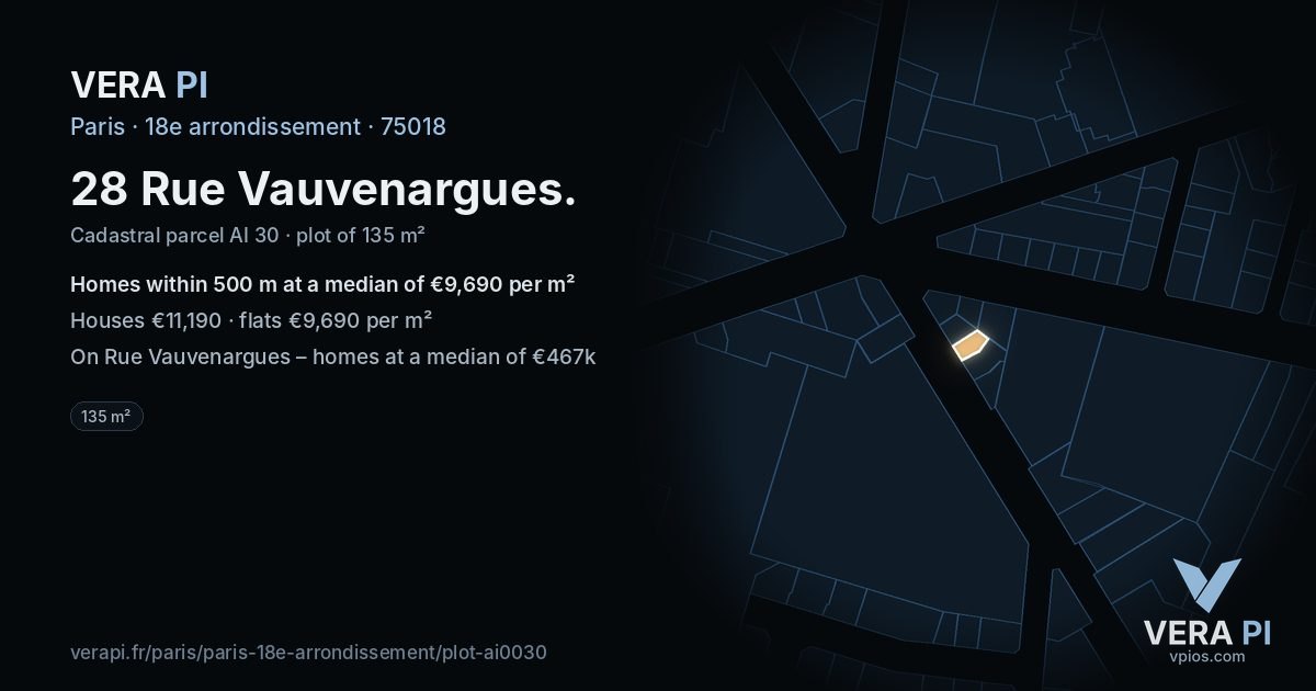 28 Rue Vauvenargues, 18e arrondissement at night – the plot lit, the parcels around coloured by the prices near them