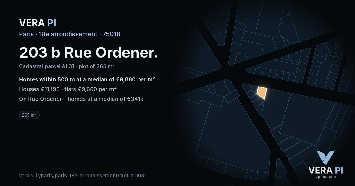 203 b Rue Ordener, 18e arrondissement at night – the plot lit, the parcels around coloured by the prices near them