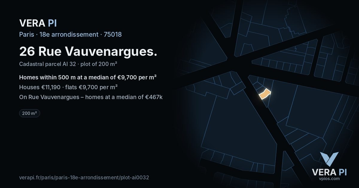 26 Rue Vauvenargues, 18e arrondissement at night – the plot lit, the parcels around coloured by the prices near them
