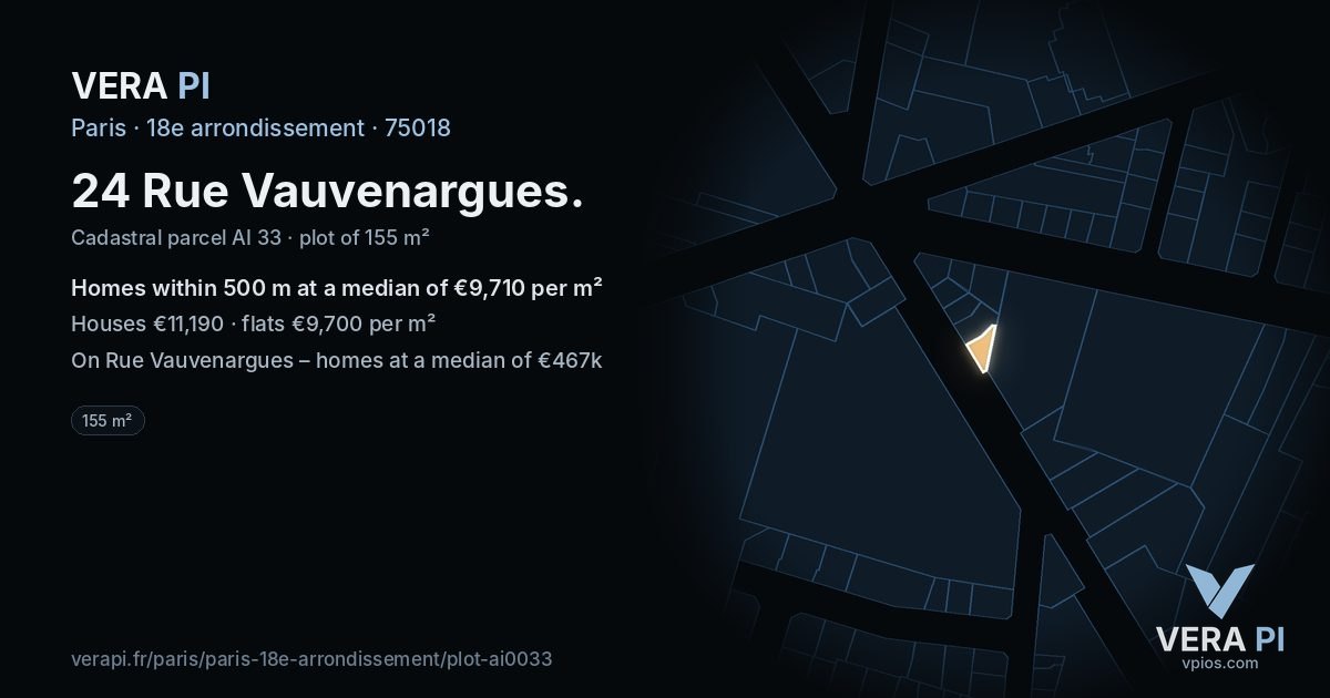 24 Rue Vauvenargues, 18e arrondissement at night – the plot lit, the parcels around coloured by the prices near them