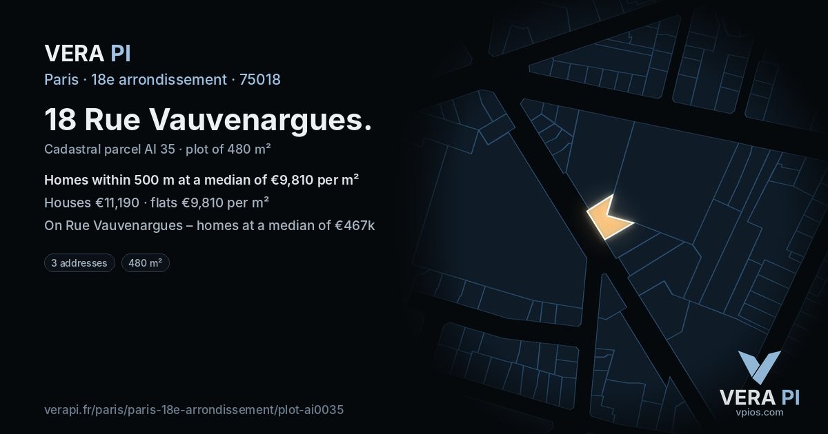 18 Rue Vauvenargues, 18e arrondissement at night – the plot lit, the parcels around coloured by the prices near them
