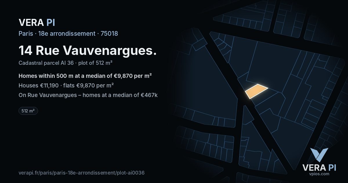 14 Rue Vauvenargues, 18e arrondissement at night – the plot lit, the parcels around coloured by the prices near them