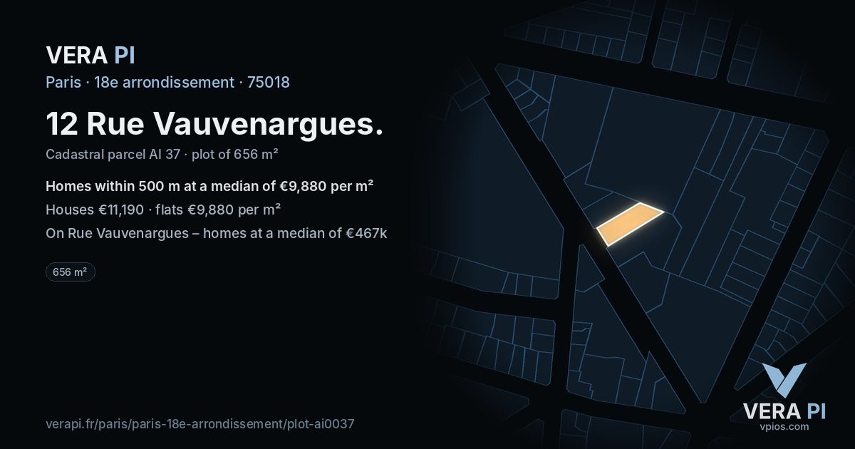 12 Rue Vauvenargues, 18e arrondissement at night – the plot lit, the parcels around coloured by the prices near them