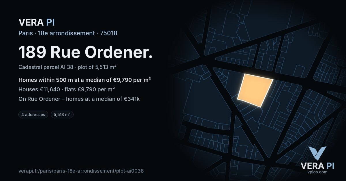 189 Rue Ordener, 18e arrondissement at night – the plot lit, the parcels around coloured by the prices near them
