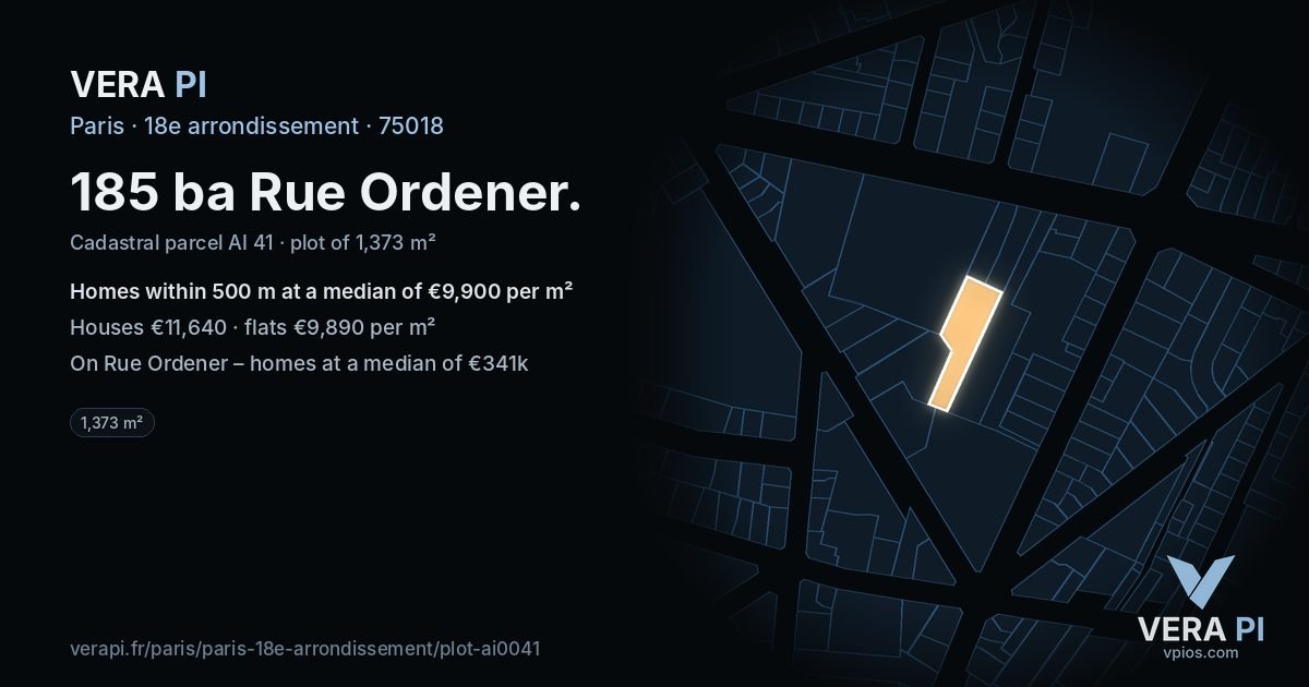 185 ba Rue Ordener, 18e arrondissement at night – the plot lit, the parcels around coloured by the prices near them