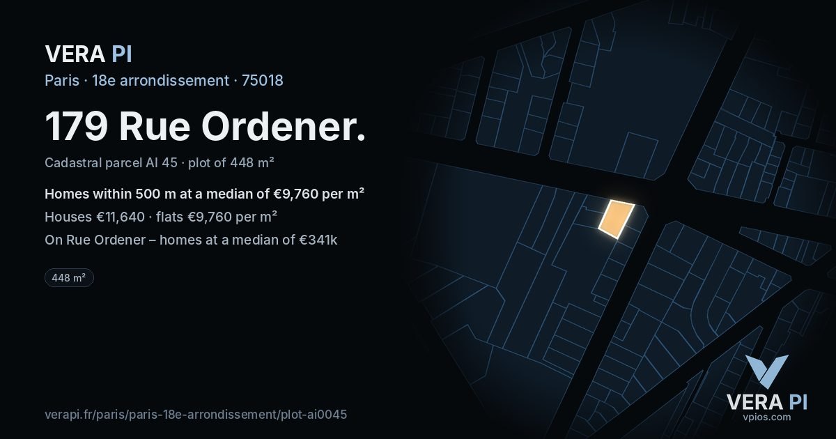 179 Rue Ordener, 18e arrondissement at night – the plot lit, the parcels around coloured by the prices near them