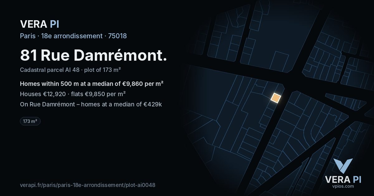 81 Rue Damrémont, 18e arrondissement at night – the plot lit, the parcels around coloured by the prices near them