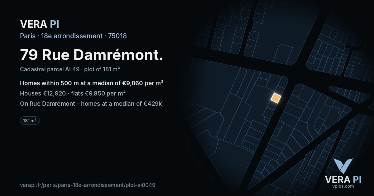 79 Rue Damrémont, 18e arrondissement at night – the plot lit, the parcels around coloured by the prices near them