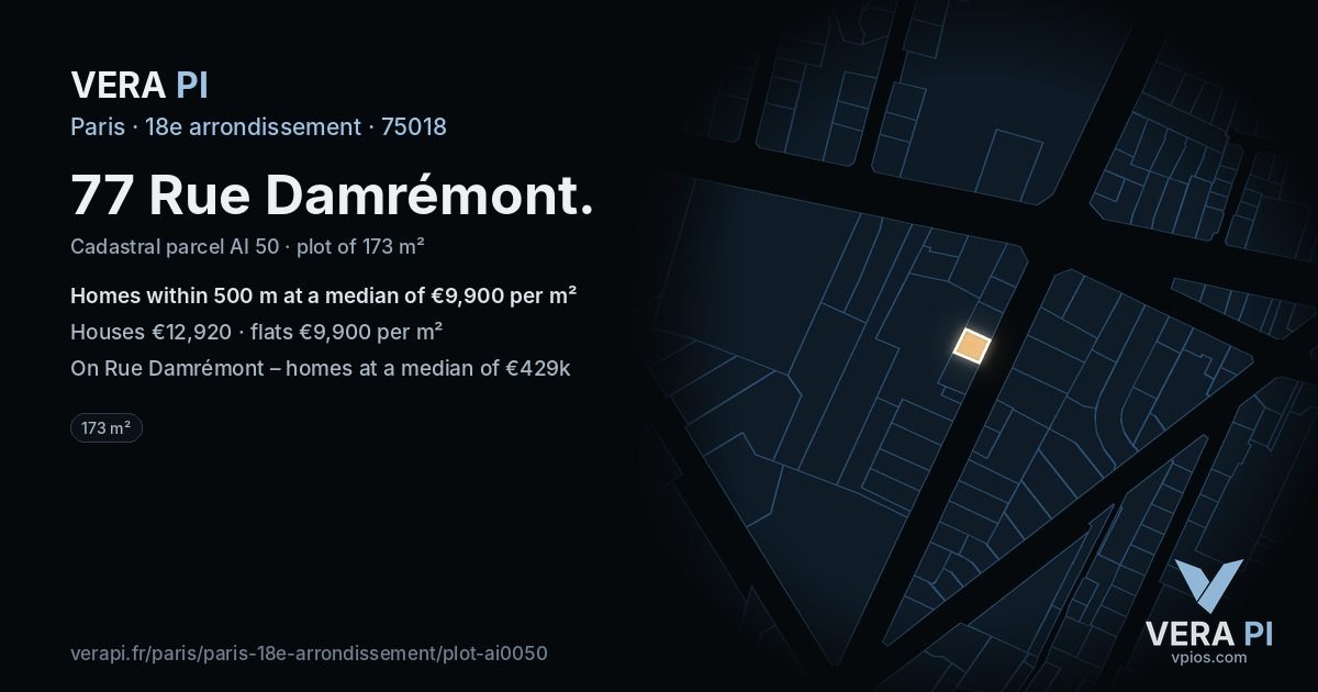 77 Rue Damrémont, 18e arrondissement at night – the plot lit, the parcels around coloured by the prices near them