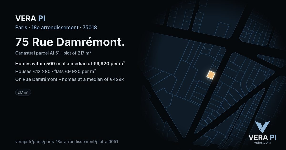 75 Rue Damrémont, 18e arrondissement at night – the plot lit, the parcels around coloured by the prices near them