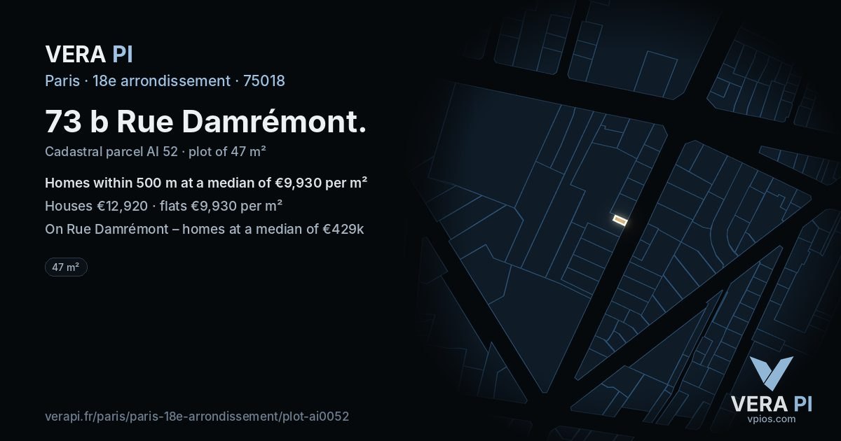 73 b Rue Damrémont, 18e arrondissement at night – the plot lit, the parcels around coloured by the prices near them