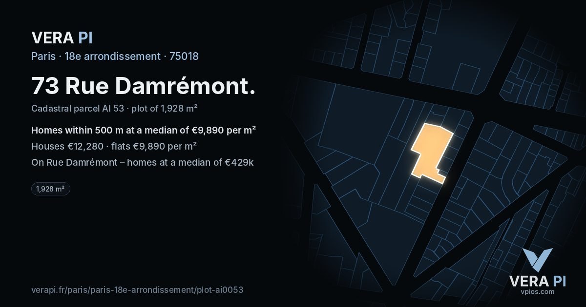 73 Rue Damrémont, 18e arrondissement at night – the plot lit, the parcels around coloured by the prices near them