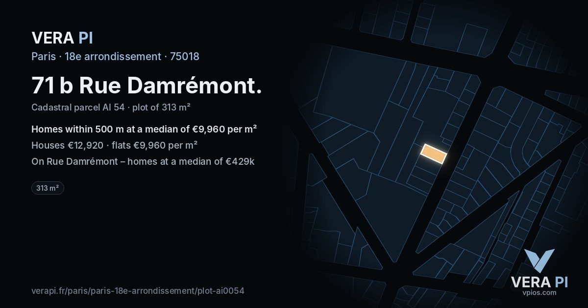 71 b Rue Damrémont, 18e arrondissement at night – the plot lit, the parcels around coloured by the prices near them
