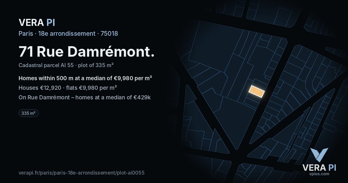 71 Rue Damrémont, 18e arrondissement at night – the plot lit, the parcels around coloured by the prices near them