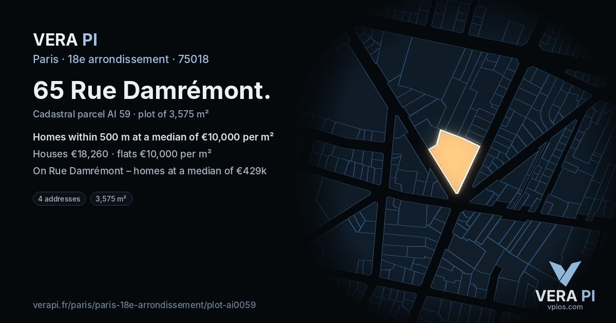 65 Rue Damrémont, 18e arrondissement at night – the plot lit, the parcels around coloured by the prices near them