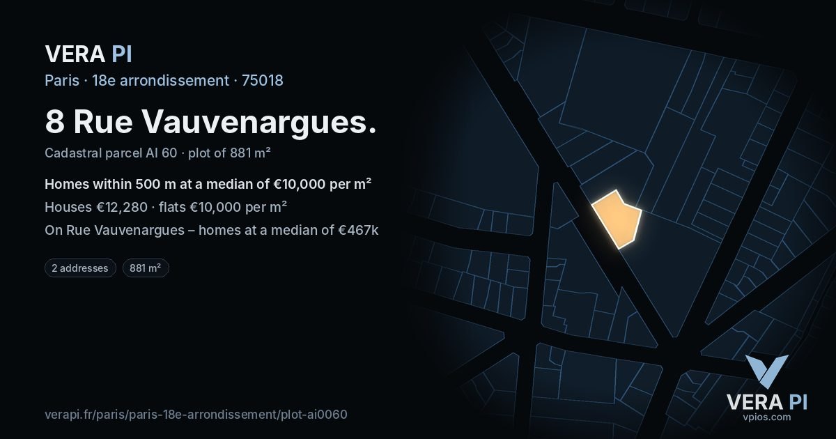 8 Rue Vauvenargues, 18e arrondissement at night – the plot lit, the parcels around coloured by the prices near them