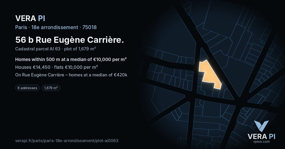 56 b Rue Eugène Carrière, 18e arrondissement at night – the plot lit, the parcels around coloured by the prices near them