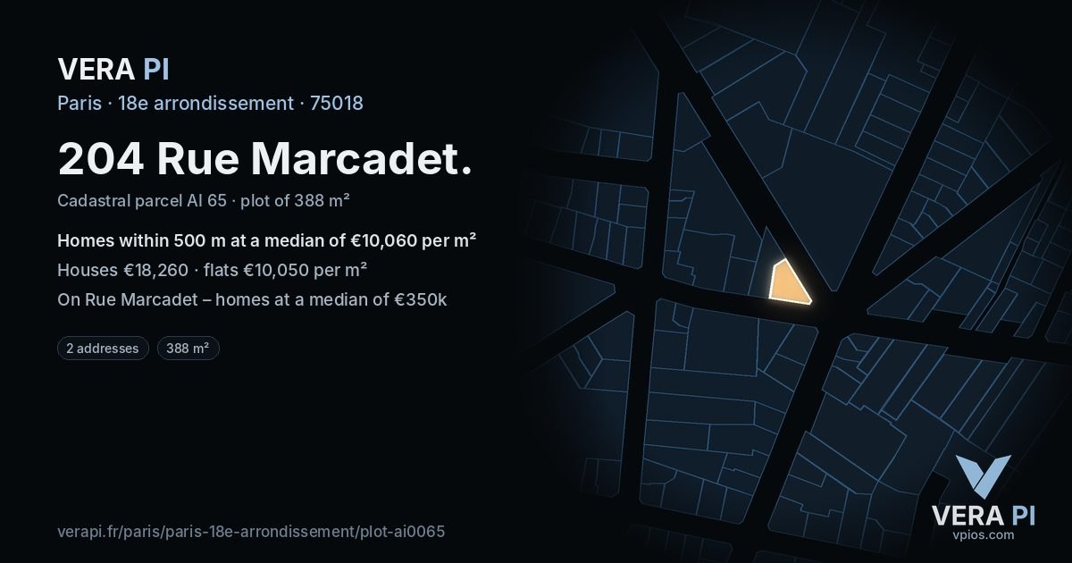 204 Rue Marcadet, 18e arrondissement at night – the plot lit, the parcels around coloured by the prices near them
