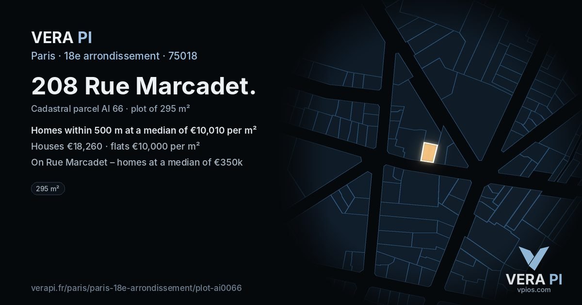 208 Rue Marcadet, 18e arrondissement at night – the plot lit, the parcels around coloured by the prices near them