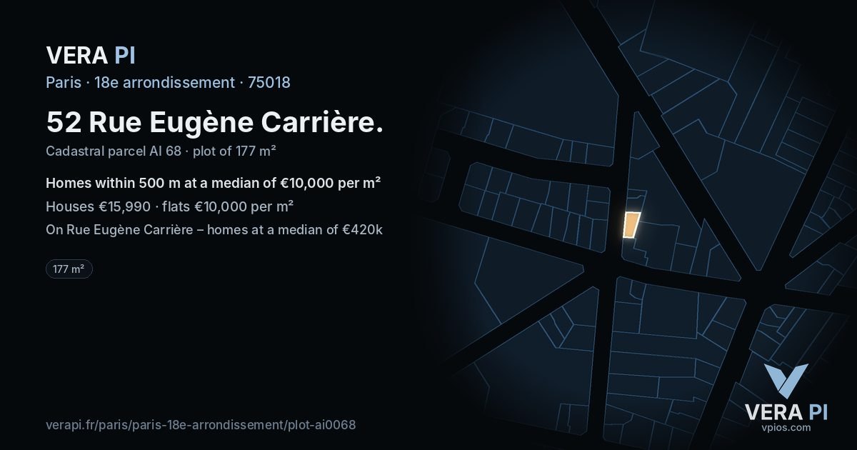 52 Rue Eugène Carrière, 18e arrondissement at night – the plot lit, the parcels around coloured by the prices near them