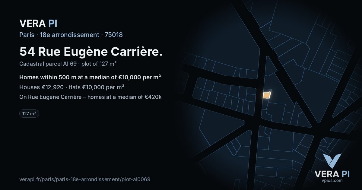 54 Rue Eugène Carrière, 18e arrondissement at night – the plot lit, the parcels around coloured by the prices near them