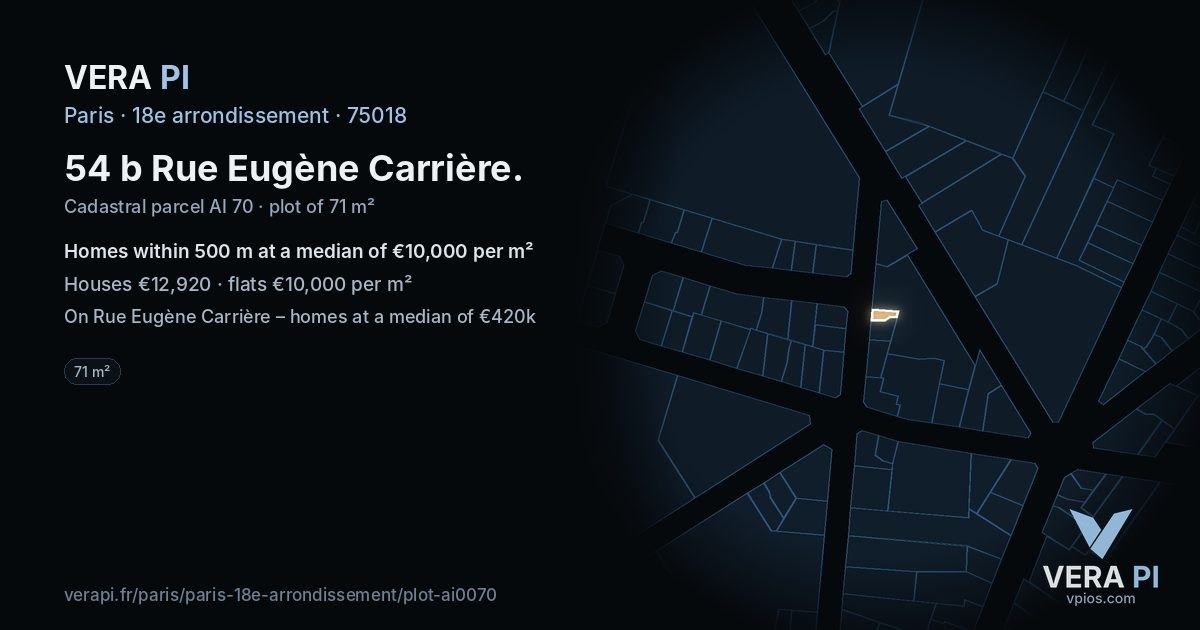 54 b Rue Eugène Carrière, 18e arrondissement at night – the plot lit, the parcels around coloured by the prices near them