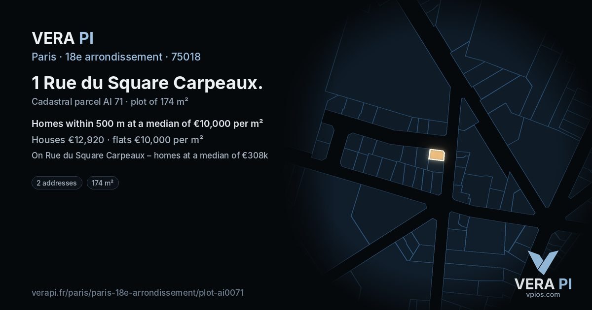 1 Rue du Square Carpeaux, 18e arrondissement at night – the plot lit, the parcels around coloured by the prices near them