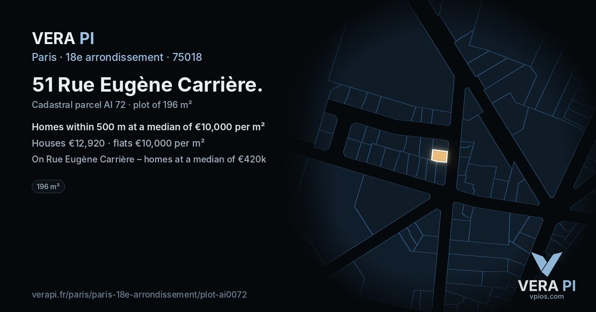 51 Rue Eugène Carrière, 18e arrondissement at night – the plot lit, the parcels around coloured by the prices near them