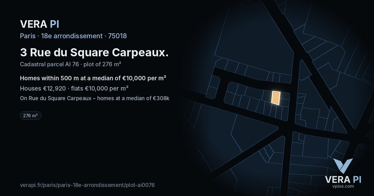 3 Rue du Square Carpeaux, 18e arrondissement at night – the plot lit, the parcels around coloured by the prices near them