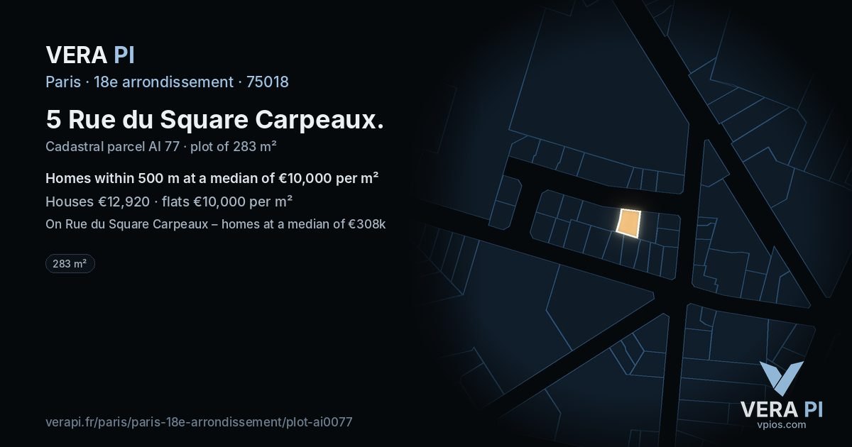 5 Rue du Square Carpeaux, 18e arrondissement at night – the plot lit, the parcels around coloured by the prices near them