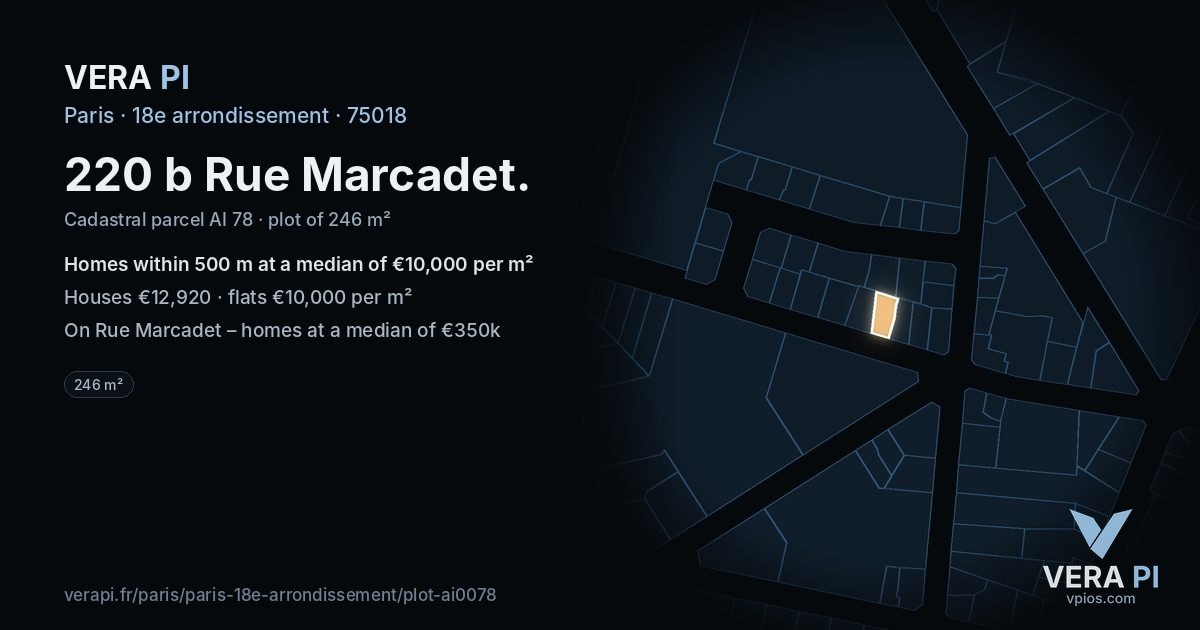 220 b Rue Marcadet, 18e arrondissement at night – the plot lit, the parcels around coloured by the prices near them