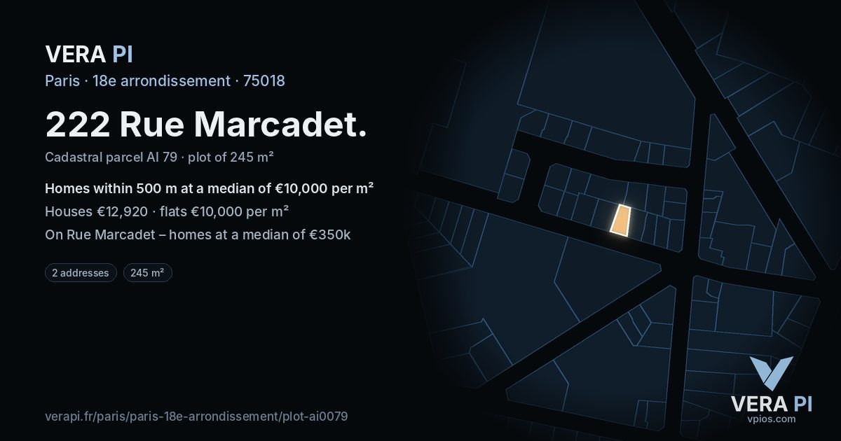 222 Rue Marcadet, 18e arrondissement at night – the plot lit, the parcels around coloured by the prices near them