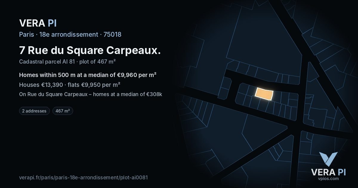7 Rue du Square Carpeaux, 18e arrondissement at night – the plot lit, the parcels around coloured by the prices near them
