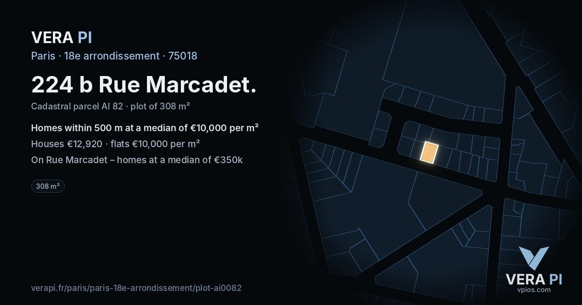 224 b Rue Marcadet, 18e arrondissement at night – the plot lit, the parcels around coloured by the prices near them