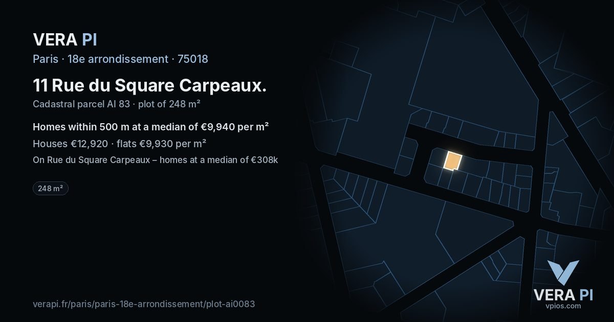 11 Rue du Square Carpeaux, 18e arrondissement at night – the plot lit, the parcels around coloured by the prices near them