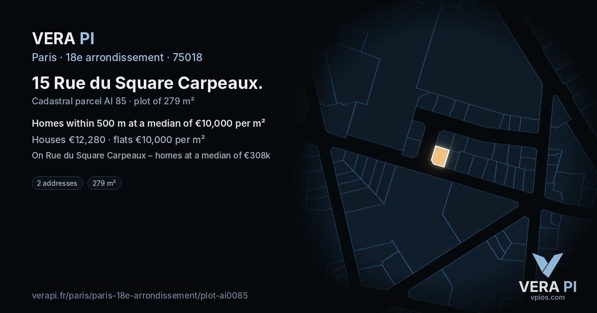 15 Rue du Square Carpeaux, 18e arrondissement at night – the plot lit, the parcels around coloured by the prices near them