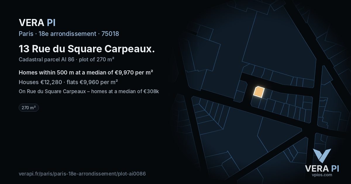 13 Rue du Square Carpeaux, 18e arrondissement at night – the plot lit, the parcels around coloured by the prices near them